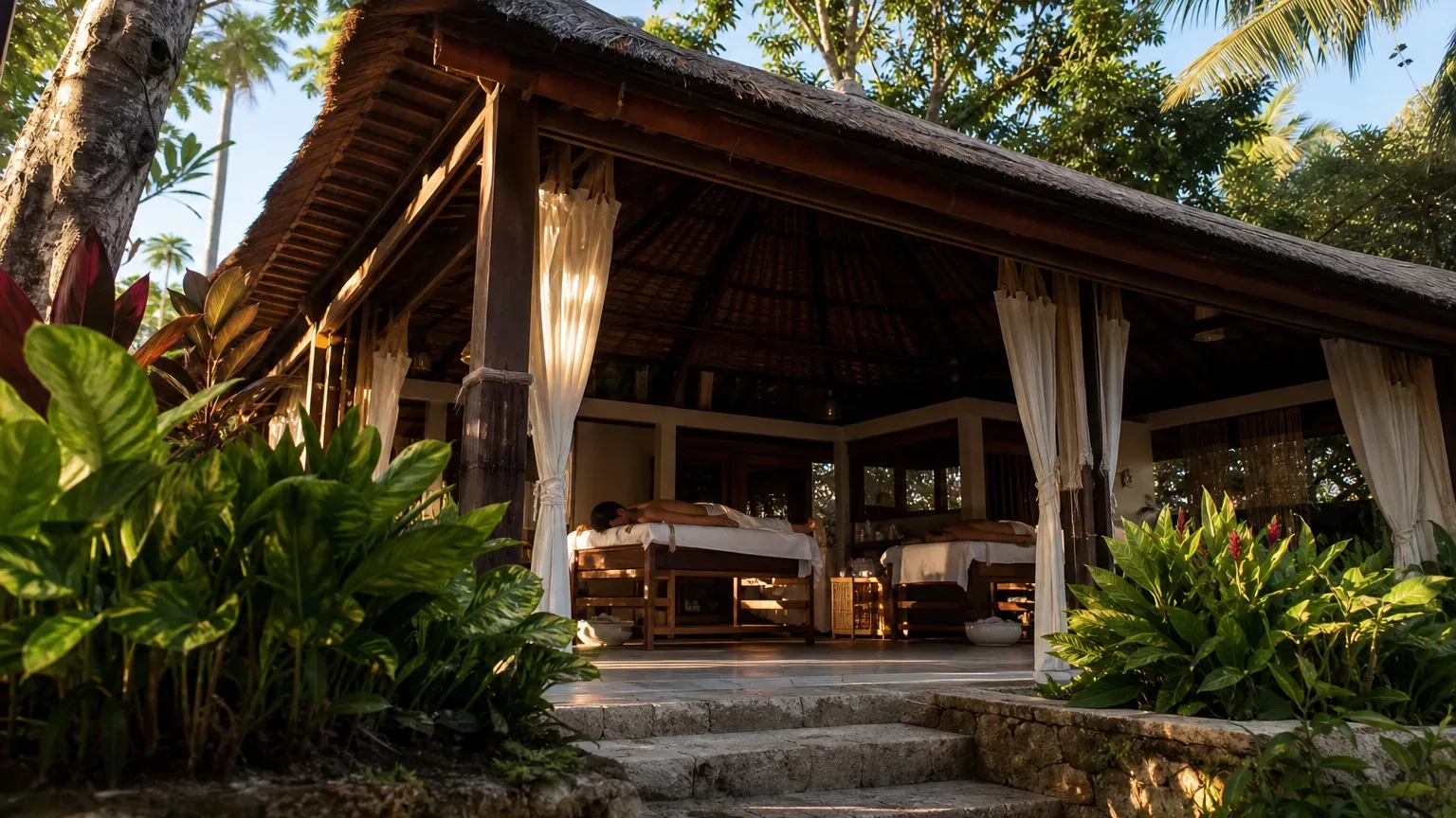 An open-air spa pavilion with a thatched roof, white drapes, and two massage tables amid lush tropical foliage, bathed in warm afternoon side light