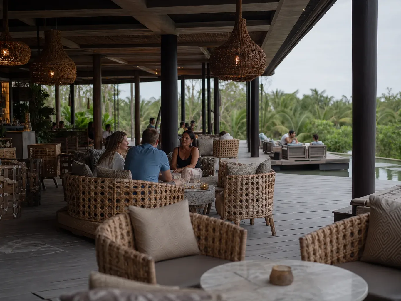 Three people sit together on wicker lounge chairs at an open-sided covered terrace bar, with lush tropical foliage and a reflective water feature visible beyond