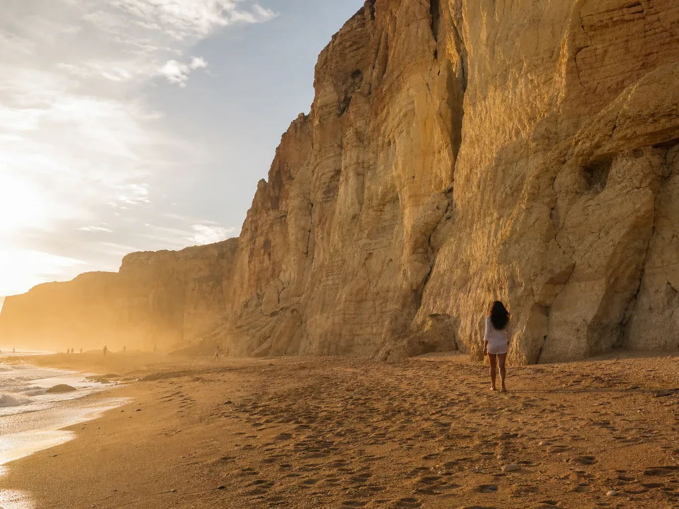 A person stands barefoot on a sandy beach beside towering golden limestone cliffs bathed in warm sunset haze, with waves breaking gently along the shoreline