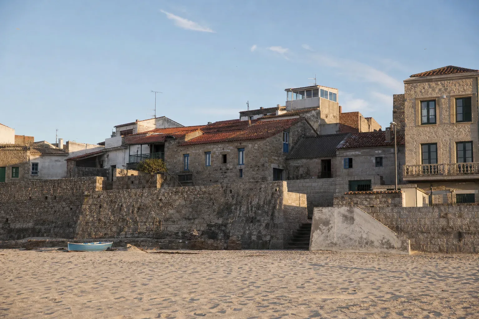 A small rowing boat rests on an empty white-sand beach in front of a row of weathered stone buildings with terracotta-tiled roofs and a low sea wall, under a clear blue sky in warm afternoon light