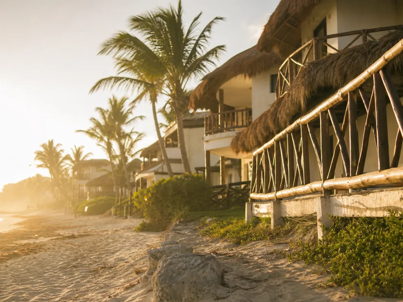 A row of thatched-roof beachfront villas with rustic timber railings lines a pale sandy shore backed by tall palm trees in warm golden haze