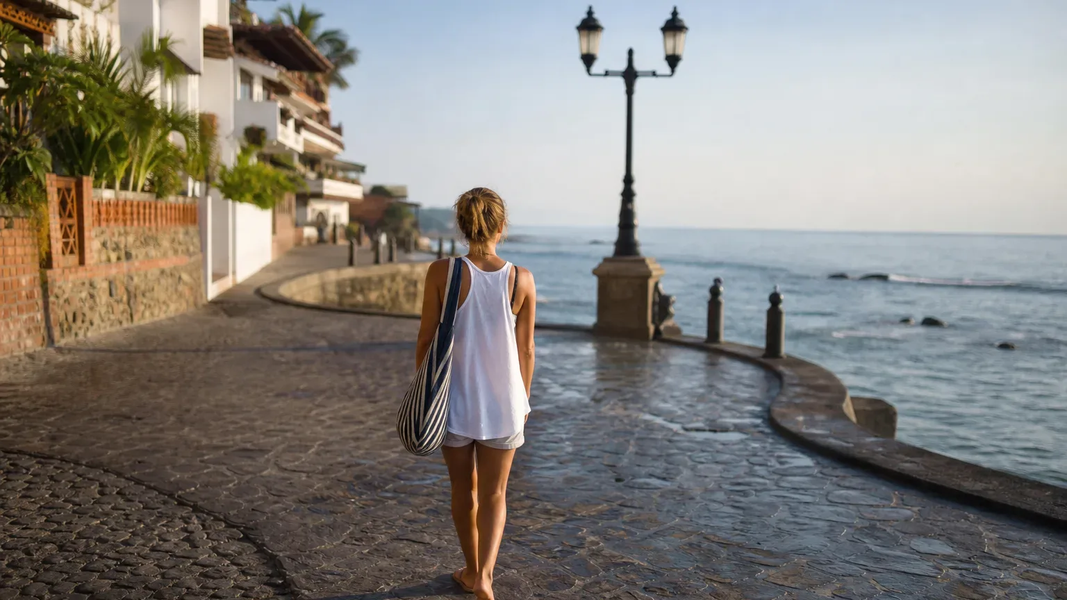 A person carrying a striped bag walks barefoot along a cobblestoned seafront promenade curving beside whitewashed buildings toward open sea, in soft morning light