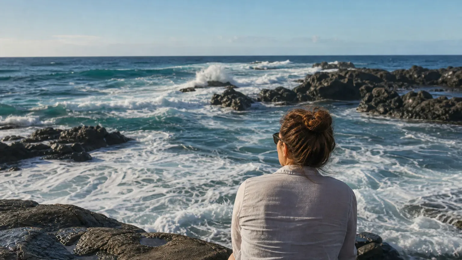A person sits on dark volcanic rocks from behind, gazing out at churning white surf breaking over a rocky reef beneath a clear blue sky
