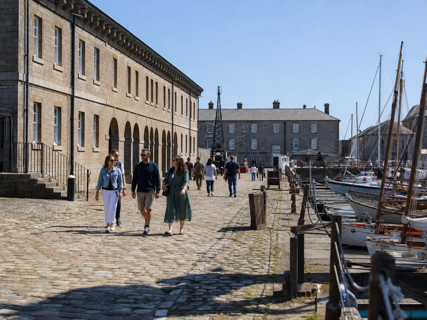 A small group of people strolling along a cobbled quayside beside historic stone buildings and a marina filled with sailing boats on a sunny day
