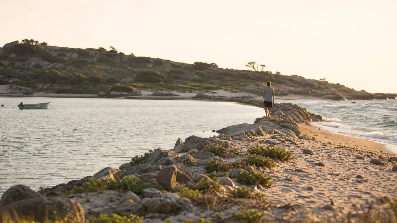 A person walks along a narrow rocky strip of sand separating a calm sheltered bay from a wave-washed shore, with a small boat moored in the bay and a rocky, vegetation-covered headland beyond, bathed in warm golden-hour light