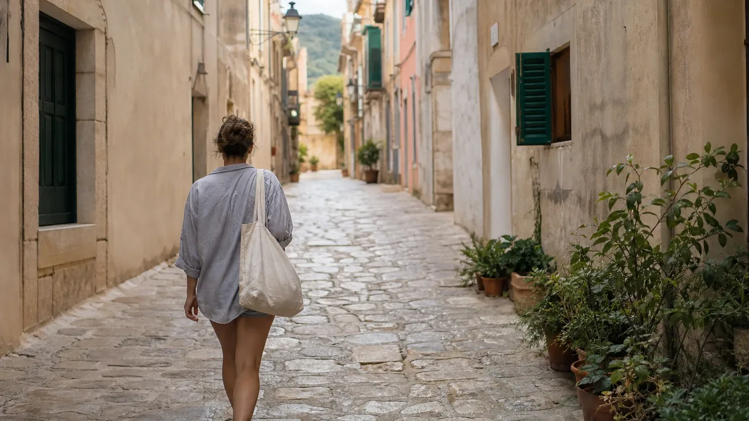 A person carrying a tote bag walks away along a narrow cobbled alley lined with potted plants and pastel-coloured buildings