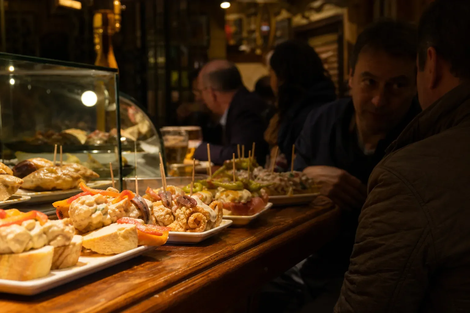 Plates of small bread-topped snacks with cocktail sticks are lined along a wooden bar counter, with people seated behind them in a warmly lit interior