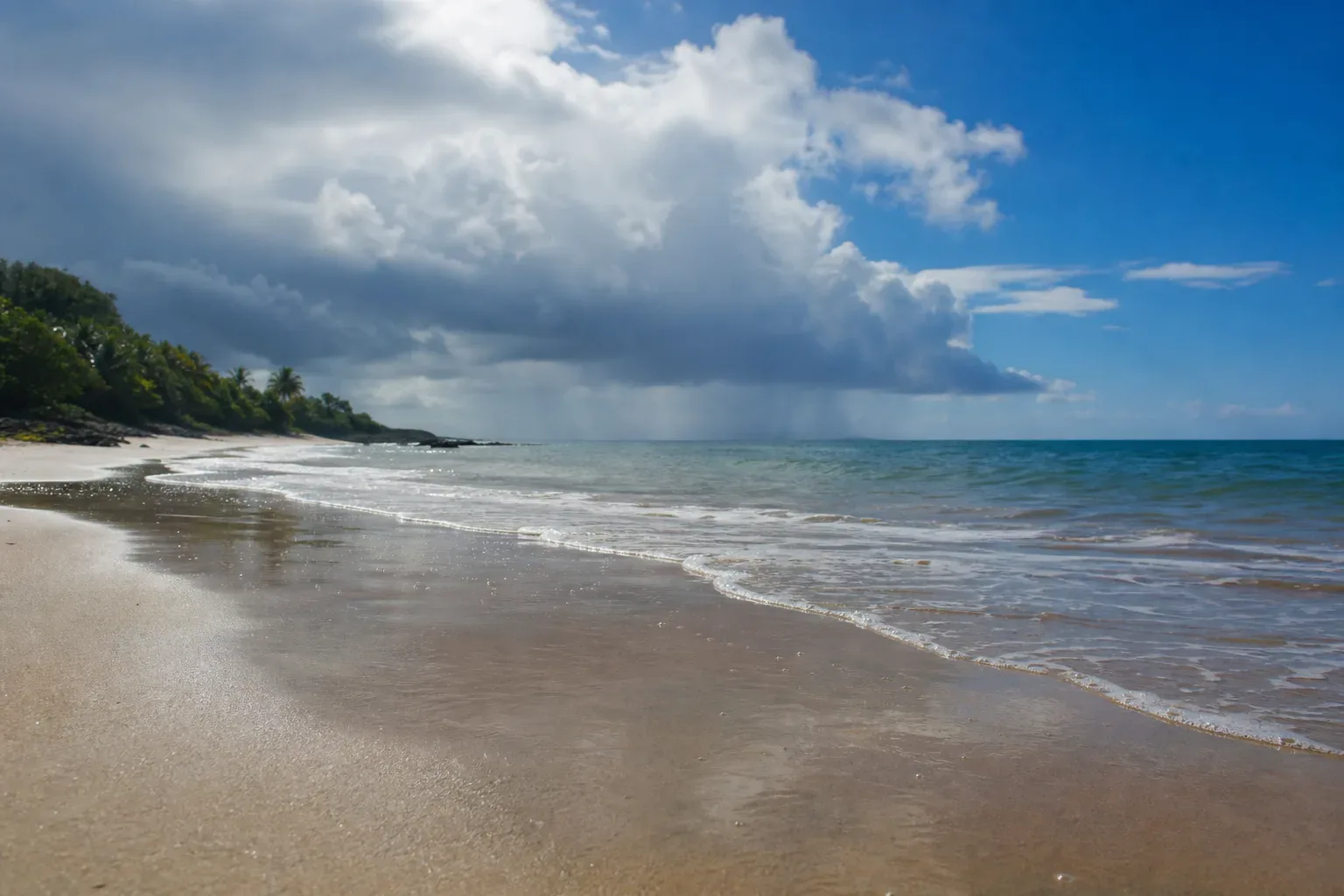 An empty tropical beach curves towards a headland of dense green palms and jungle, with shallow waves lapping wet sand beneath large storm clouds dropping distant rain over a turquoise sea
