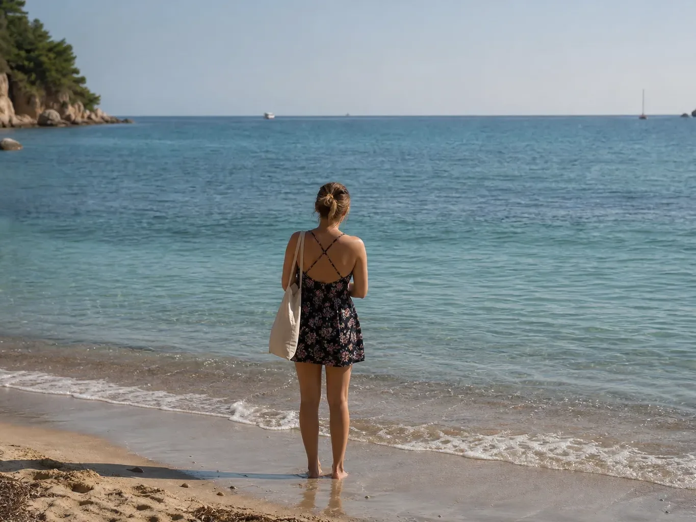 A person stands barefoot at the water's edge on a calm sandy beach, facing open turquoise sea, carrying a tote bag and wearing a floral sundress