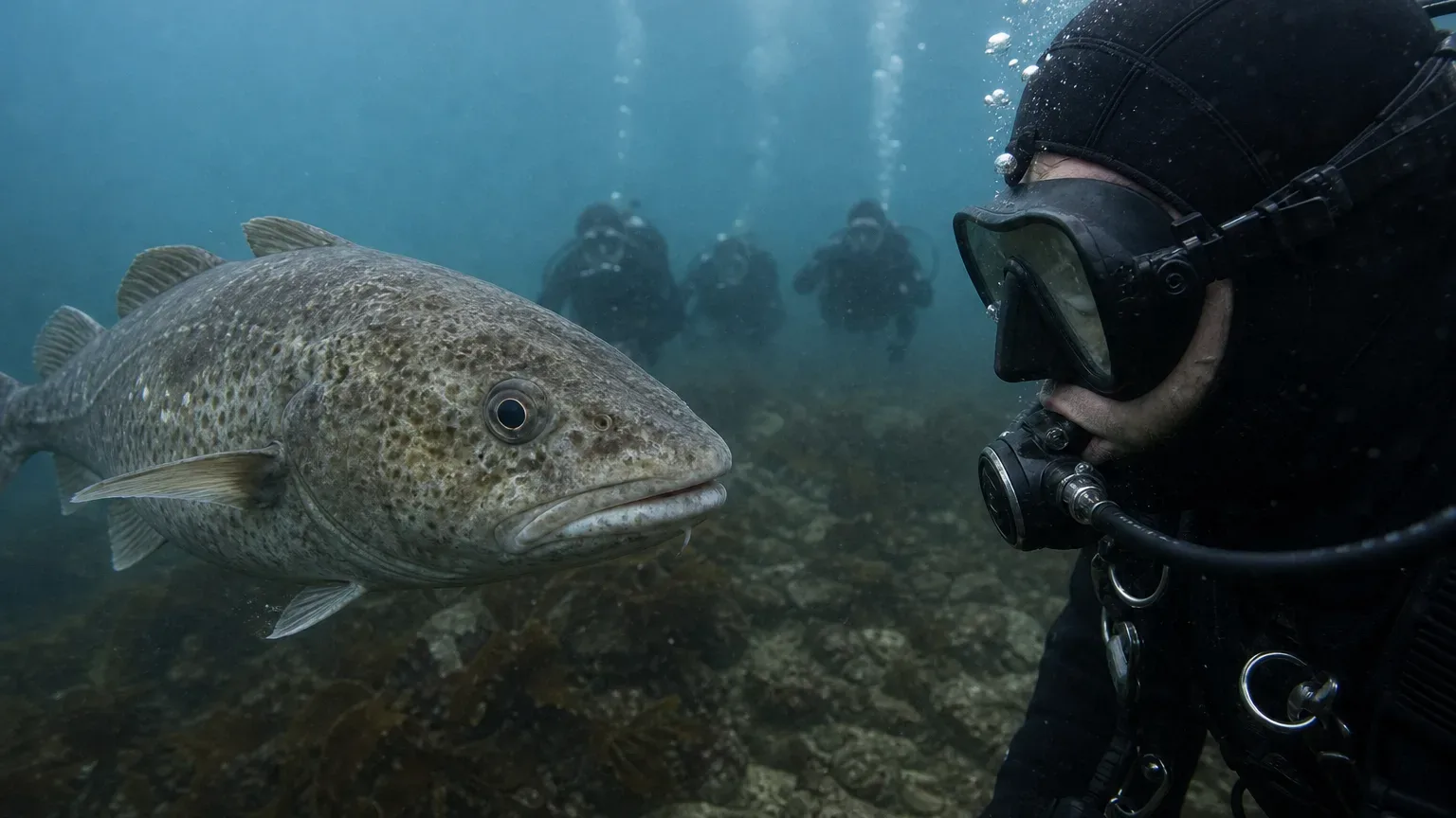 A large spotted fish hovers face-to-face with a scuba diver on a rocky seabed, with a small group of divers visible in the background