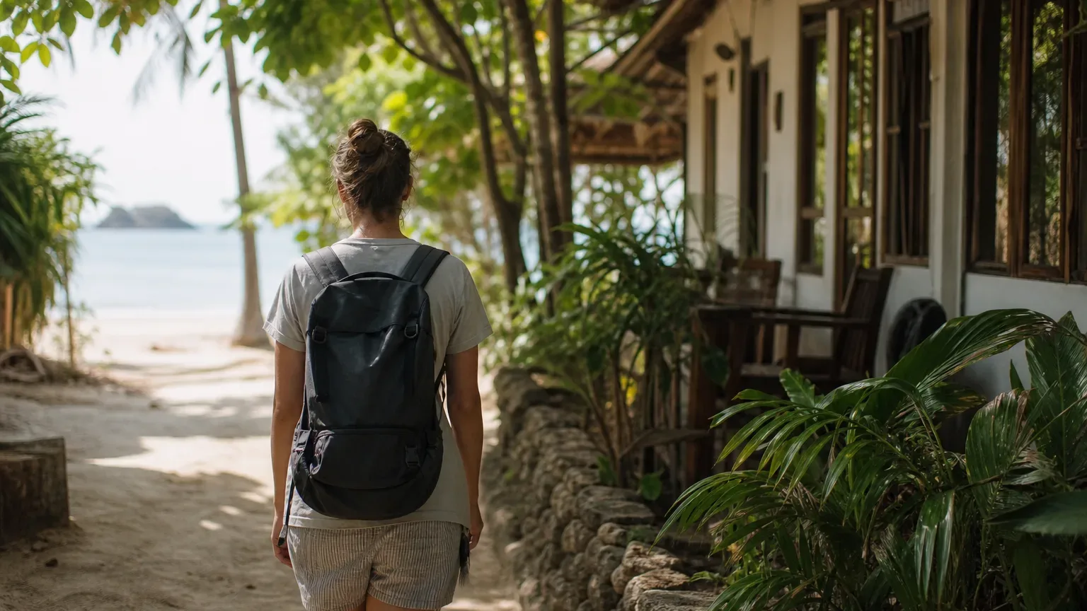 A person wearing a backpack walks away along a sandy path between lush tropical foliage and a white-walled guesthouse, with a calm turquoise bay visible ahead