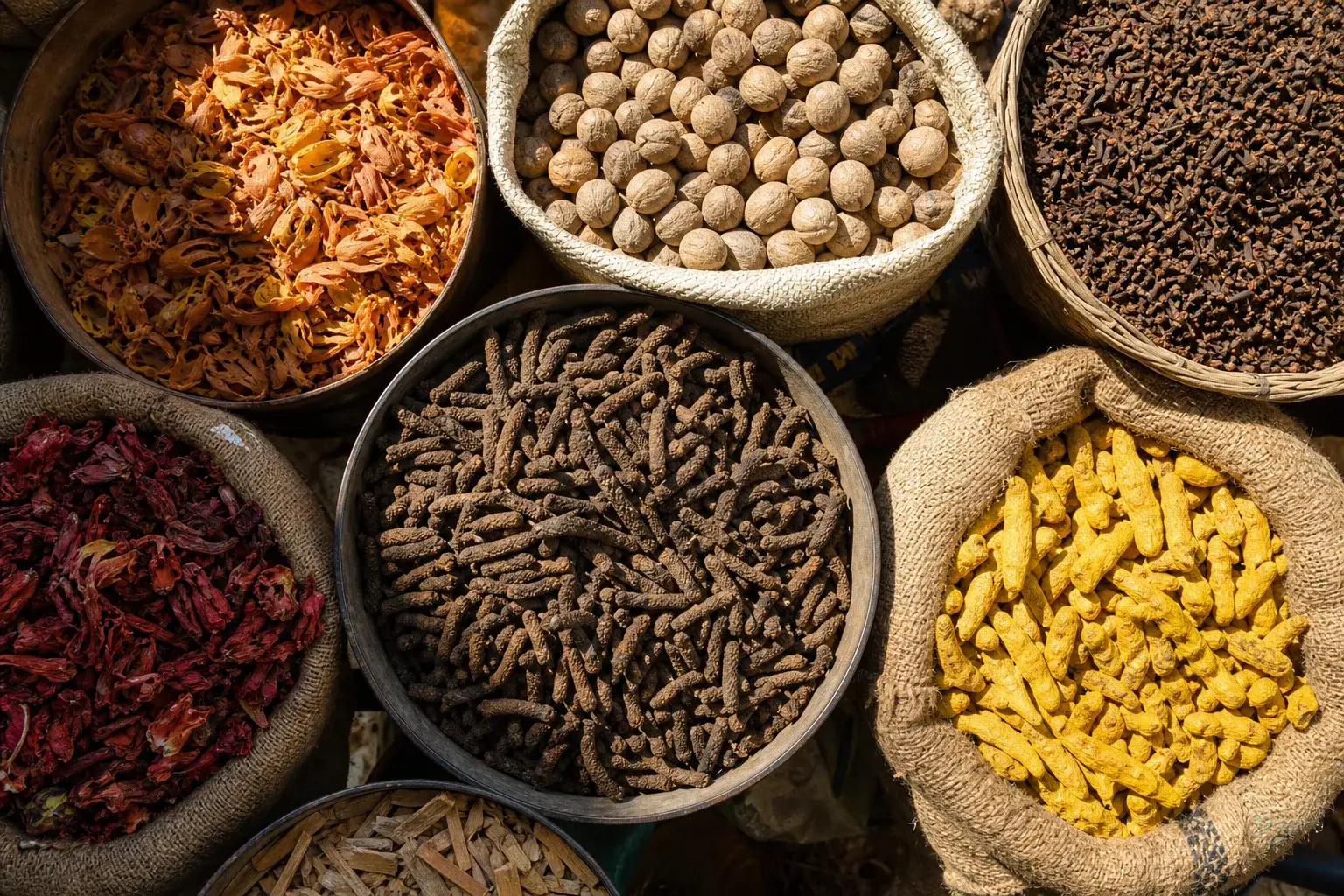 Overhead view of several sacks and bowls heaped with whole nutmegs, cloves, dried turmeric root, long pepper, dried red chillies, and other dried spices at a market stall