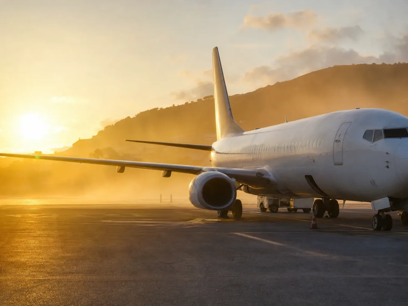 A white commercial jet sits on an airport apron at golden hour, with warm hazy backlit sunlight and a hill silhouetted in the distance