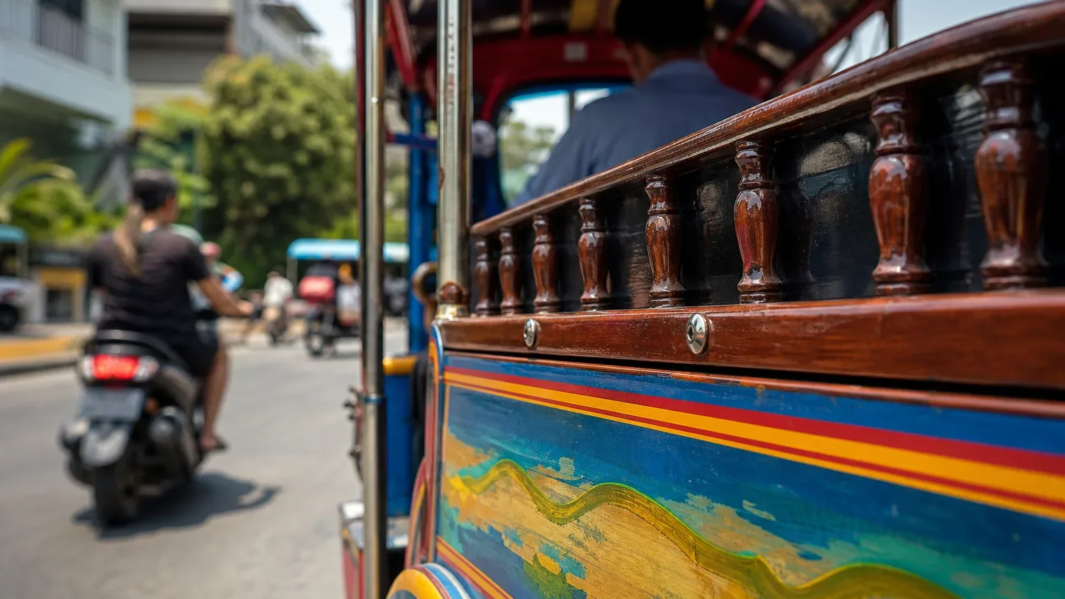 A colourfully painted tuk-tuk in close foreground detail, its lacquered wooden trim sharp in bright sunlight, with a person on a scooter passing in soft focus behind