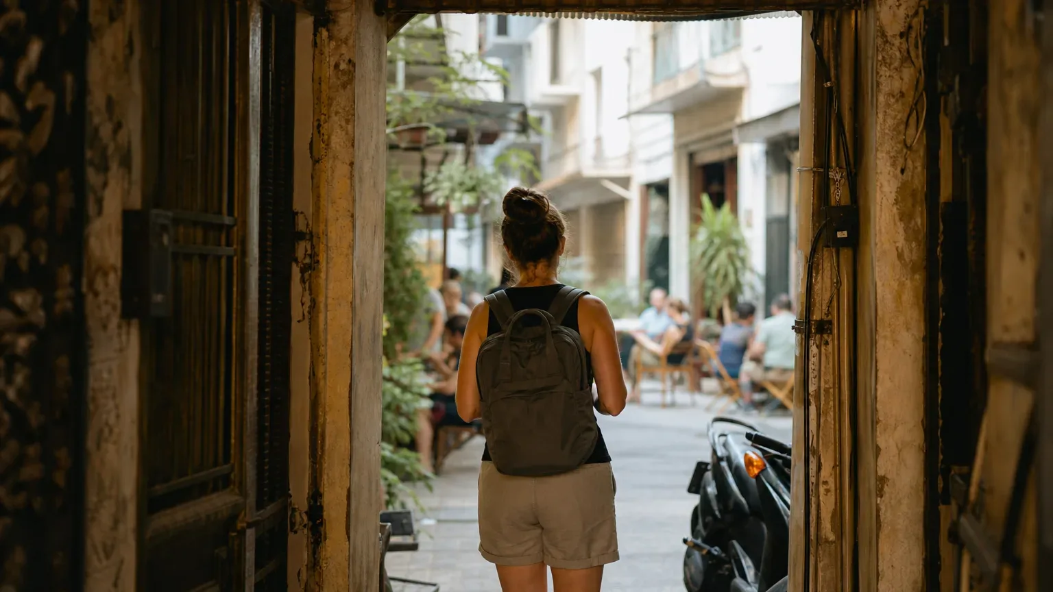 A person wearing a backpack walks away from the camera through a narrow archway into a busy alley lined with buildings and outdoor seating