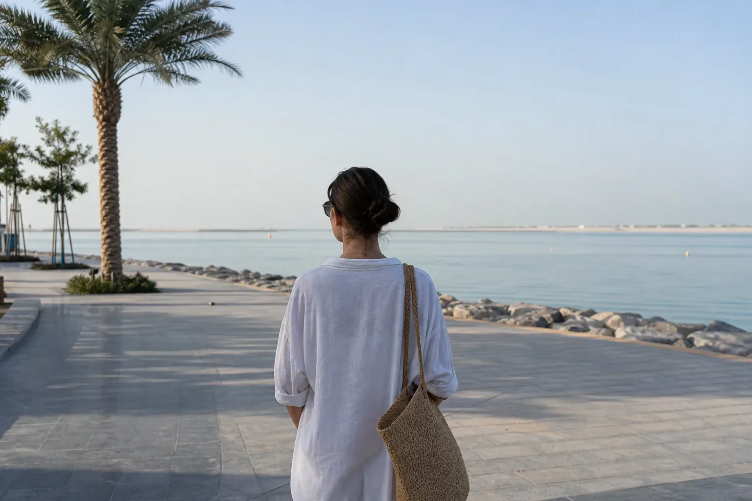 A person carrying a woven bag walks along a paved waterfront promenade lined with palm trees, with calm open water stretching ahead under a clear sky
