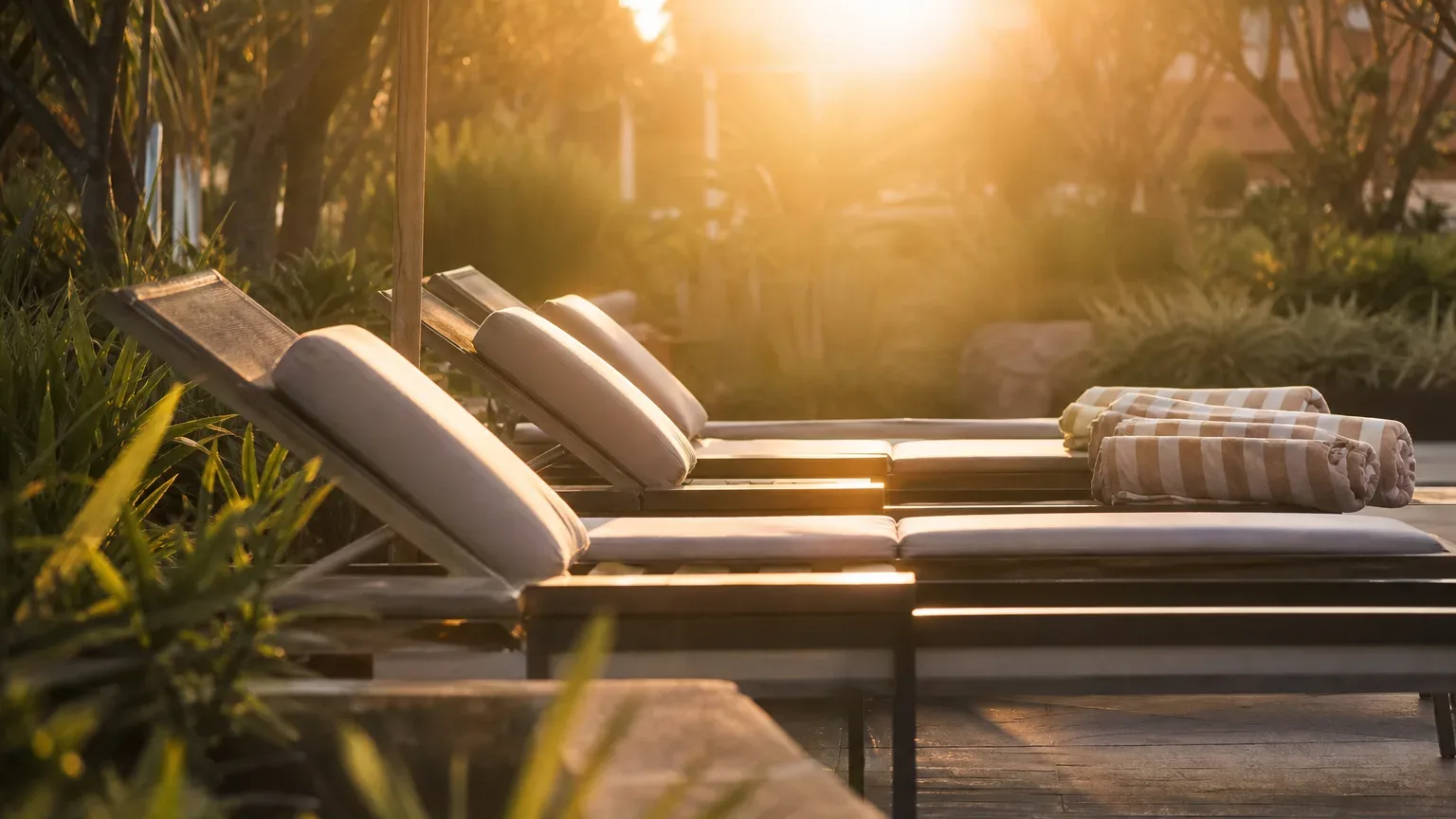 Several cushioned sun-loungers on a wooden pool terrace, with rolled striped towels at the far end, bathed in warm golden-hour backlight against lush tropical foliage