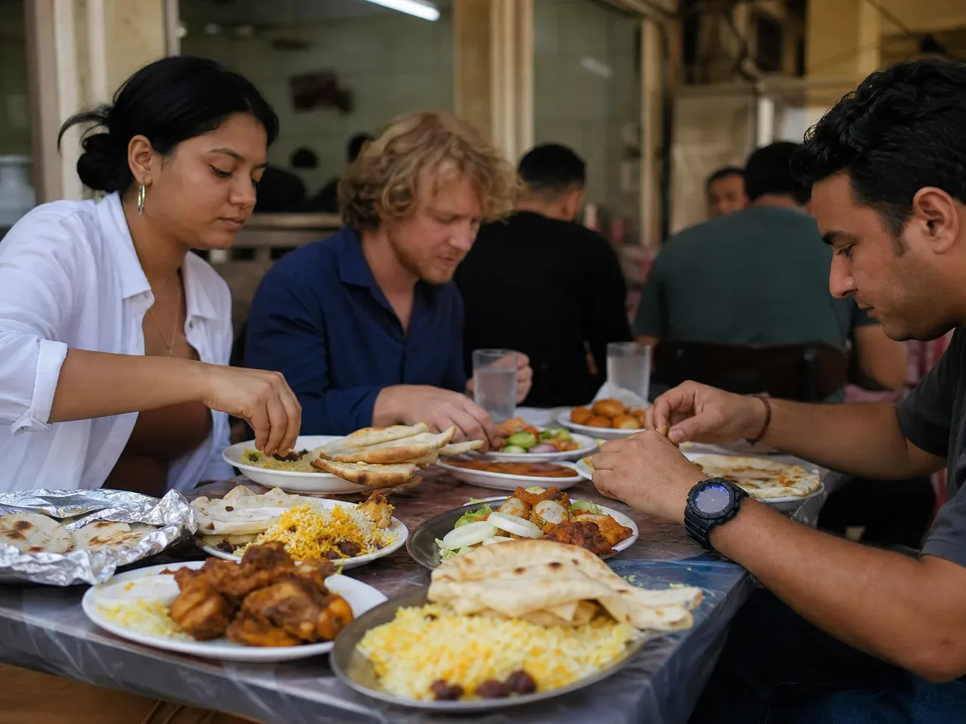 Three people sit closely together at a table crowded with plates of rice, flatbread, and fried dishes, eating in a busy open-fronted restaurant
