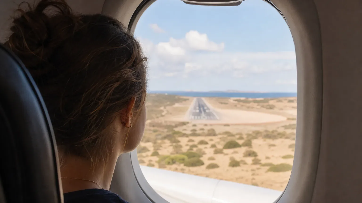 A person seen from behind looks out of an aeroplane window seat at an airfield runway approaching across arid scrubland beneath a blue sky