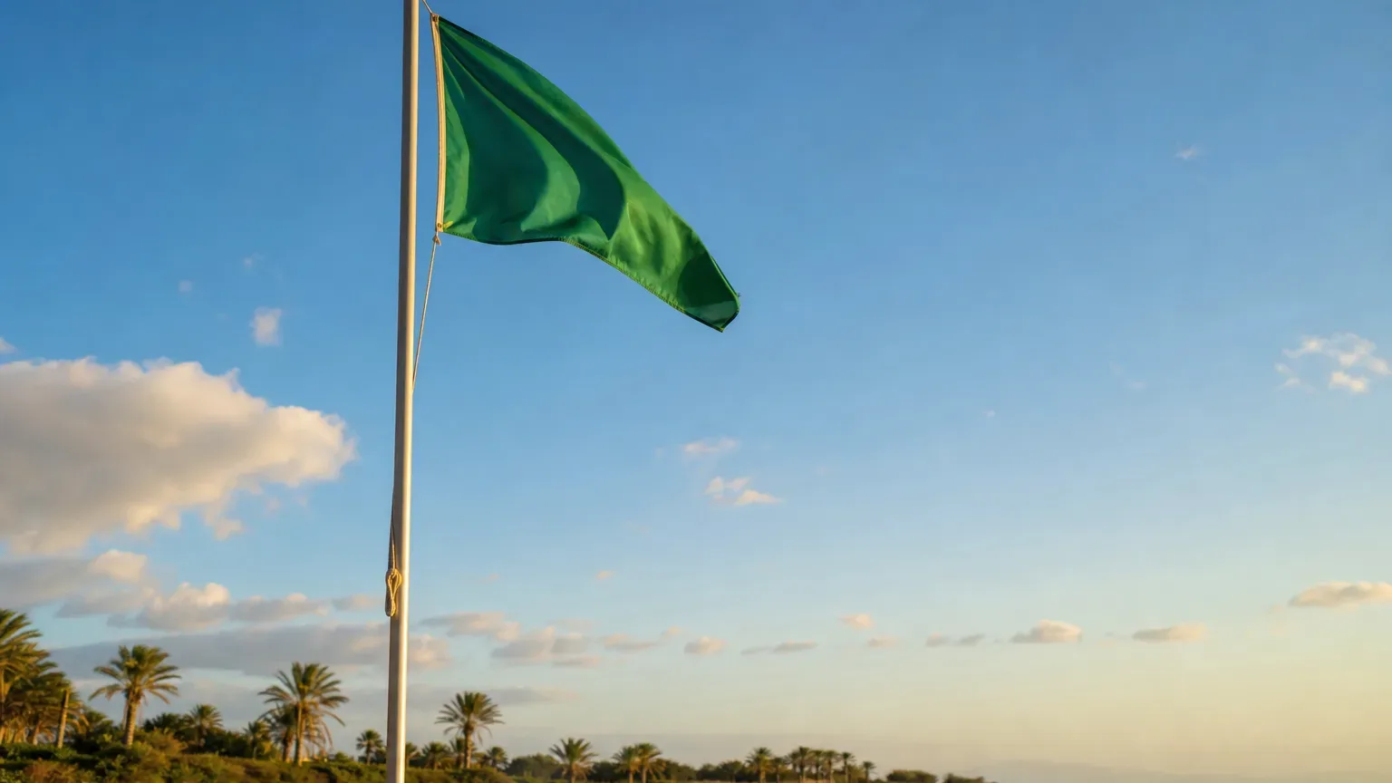 A green beach safety flag flies from a white pole on a sandy beach lined with palm trees under a blue sky with scattered clouds