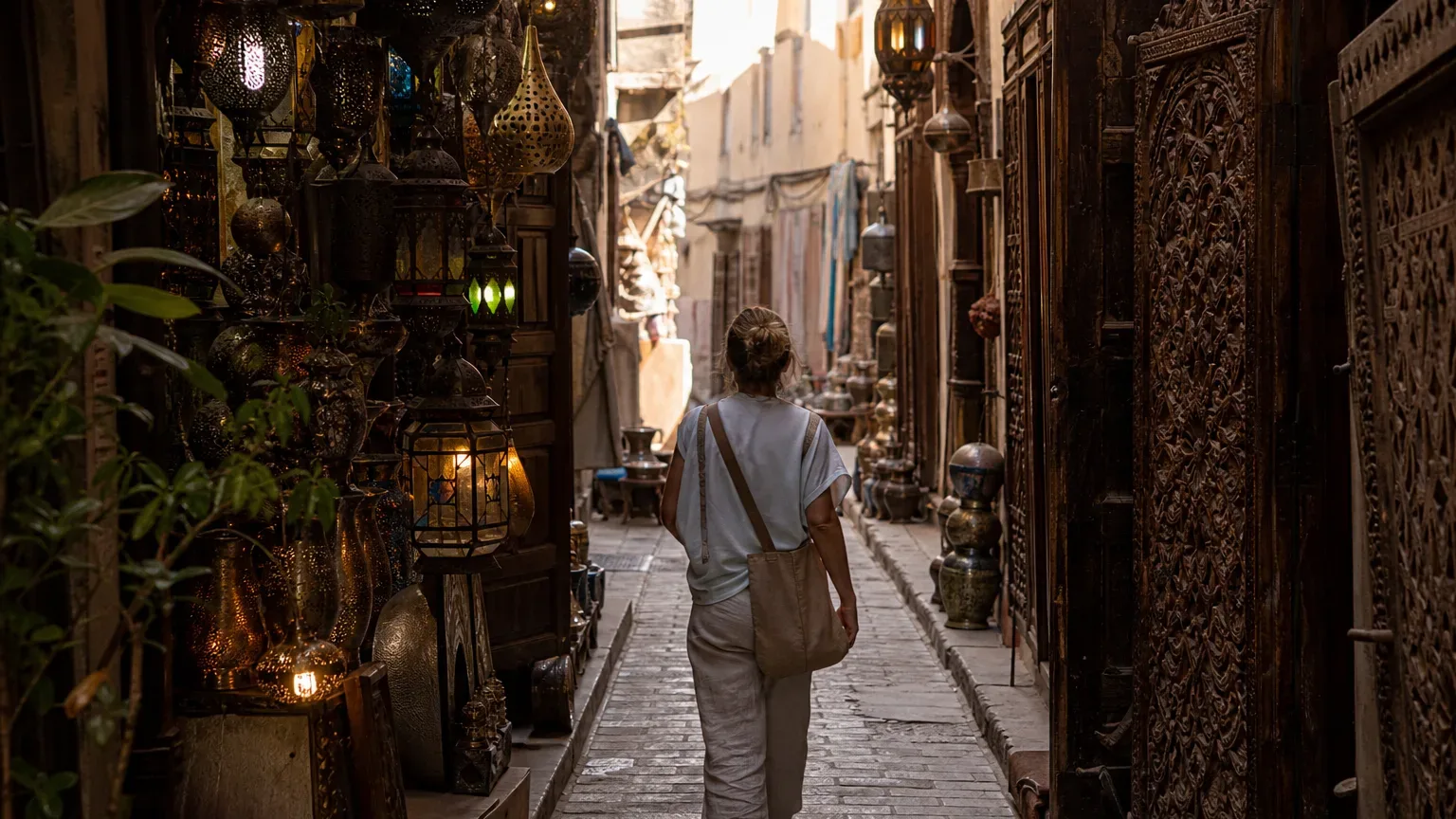 A person walks away from the camera along a narrow market alley lined with hanging metal lanterns and ornately carved wooden doorways, with soft light ahead