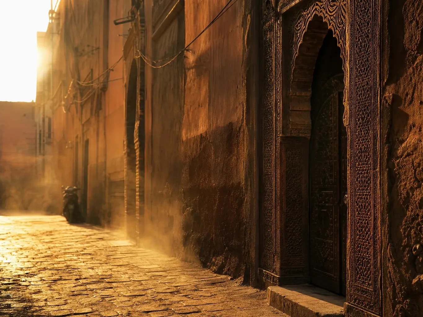 A narrow cobblestone alley lined with tall ochre walls and an ornately carved arched doorway, bathed in golden backlit haze at low sun