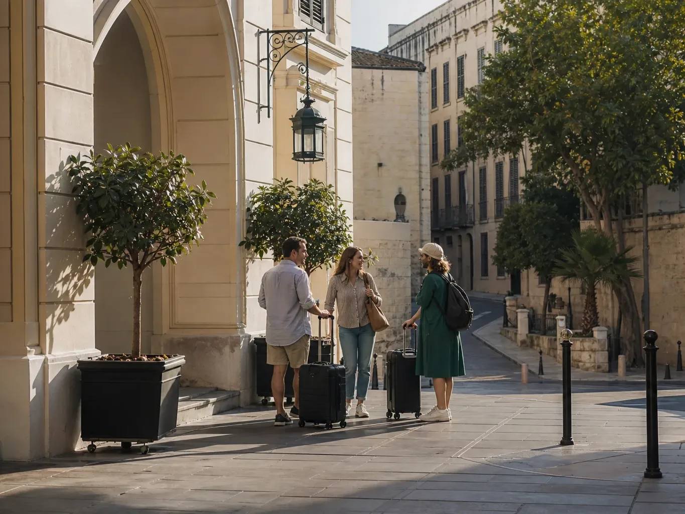 Three people with rolling luggage chat outside a grand pale-stone building on a sunny cobbled street