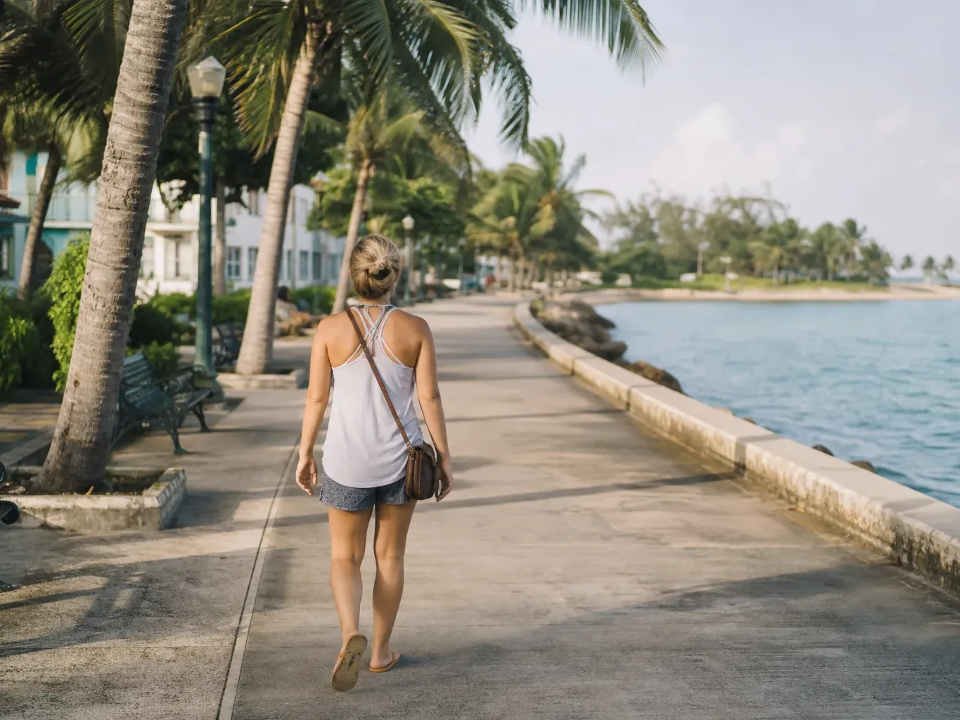 A person walks away from the camera along a palm-lined coastal promenade beside calm turquoise water, carrying a small crossbody bag