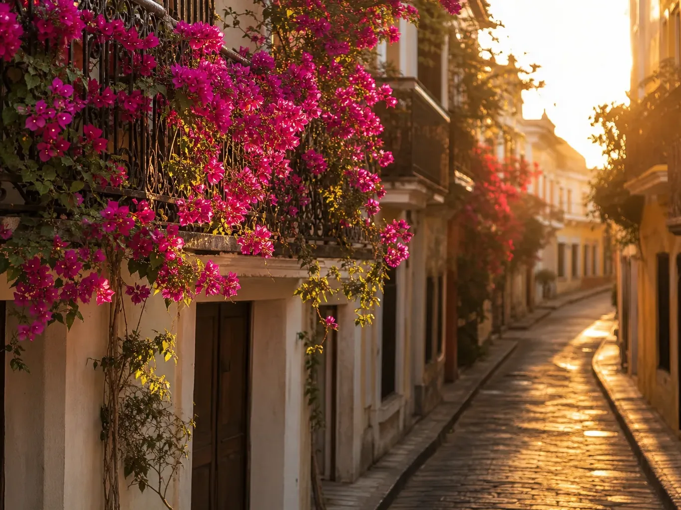 Vivid pink bougainvillea cascades from ornate wrought-iron balconies over a narrow cobbled street bathed in warm golden-hour light, with nobody present