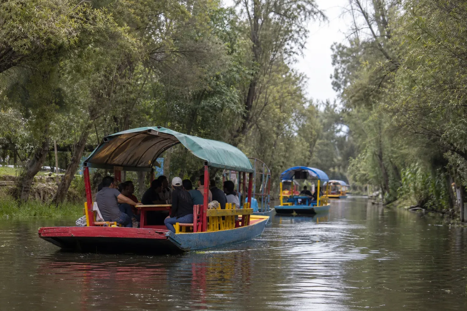 Several people ride colourful wooden canal boats with canopied roofs along a tree-lined waterway, with more boats visible in the distance