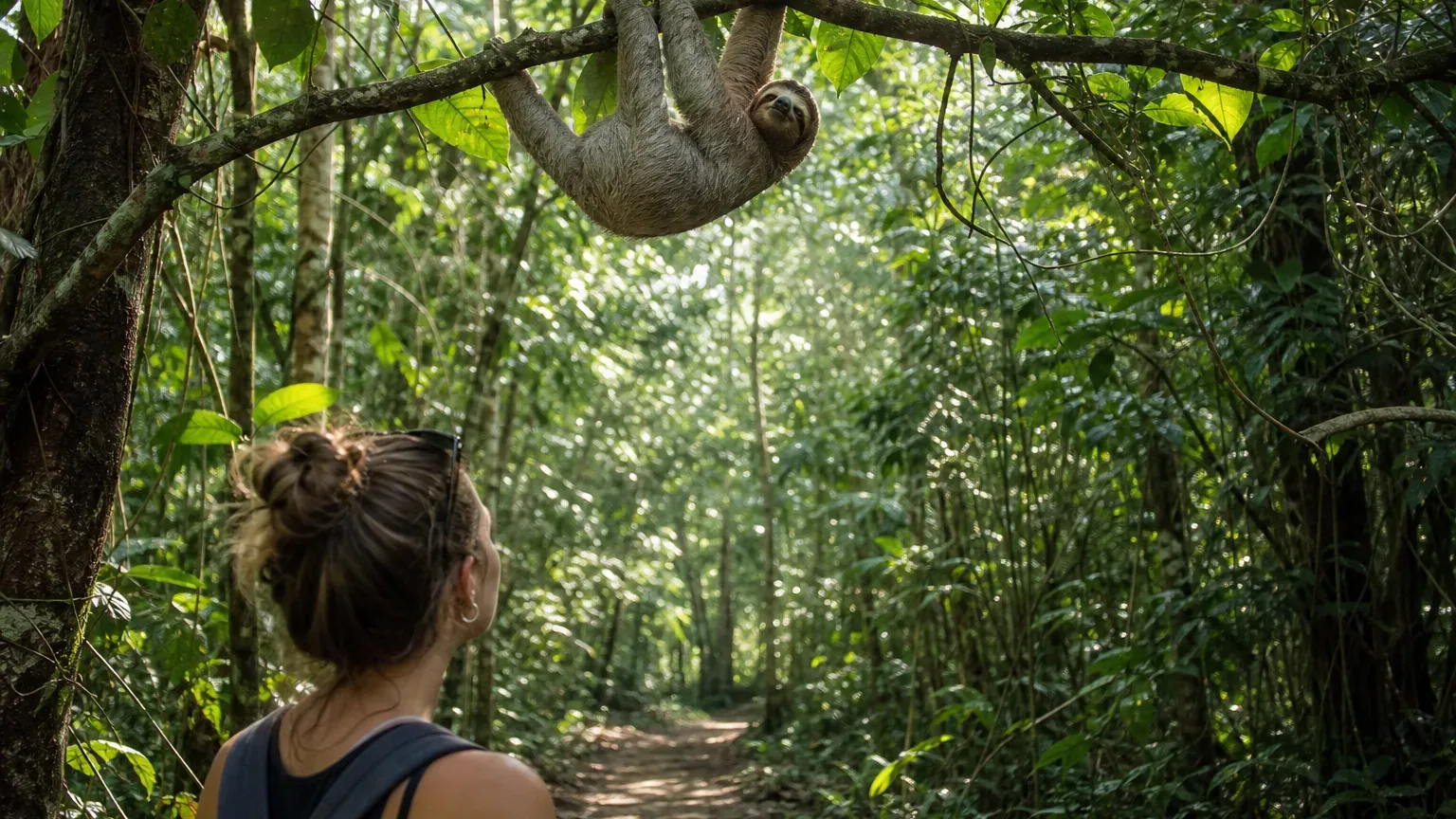 A person on a jungle path looks up at a sloth hanging from a branch overhead, surrounded by dense tropical forest