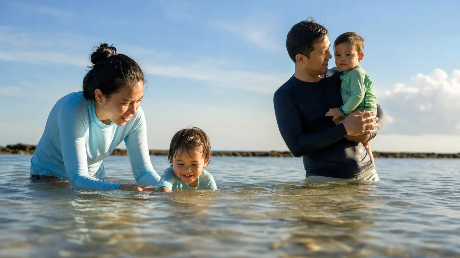 A family of four wades in shallow calm sea water, with one adult steadying a young child in the water whilst another adult holds a baby