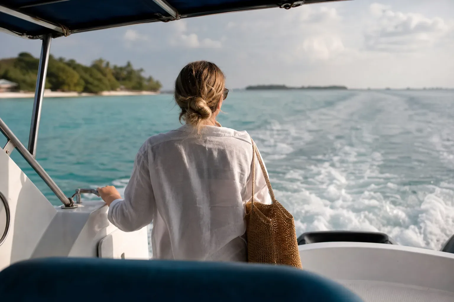 A person in a white linen shirt and woven shoulder bag stands at the helm of a speedboat, looking out towards lush tropical islands across turquoise water