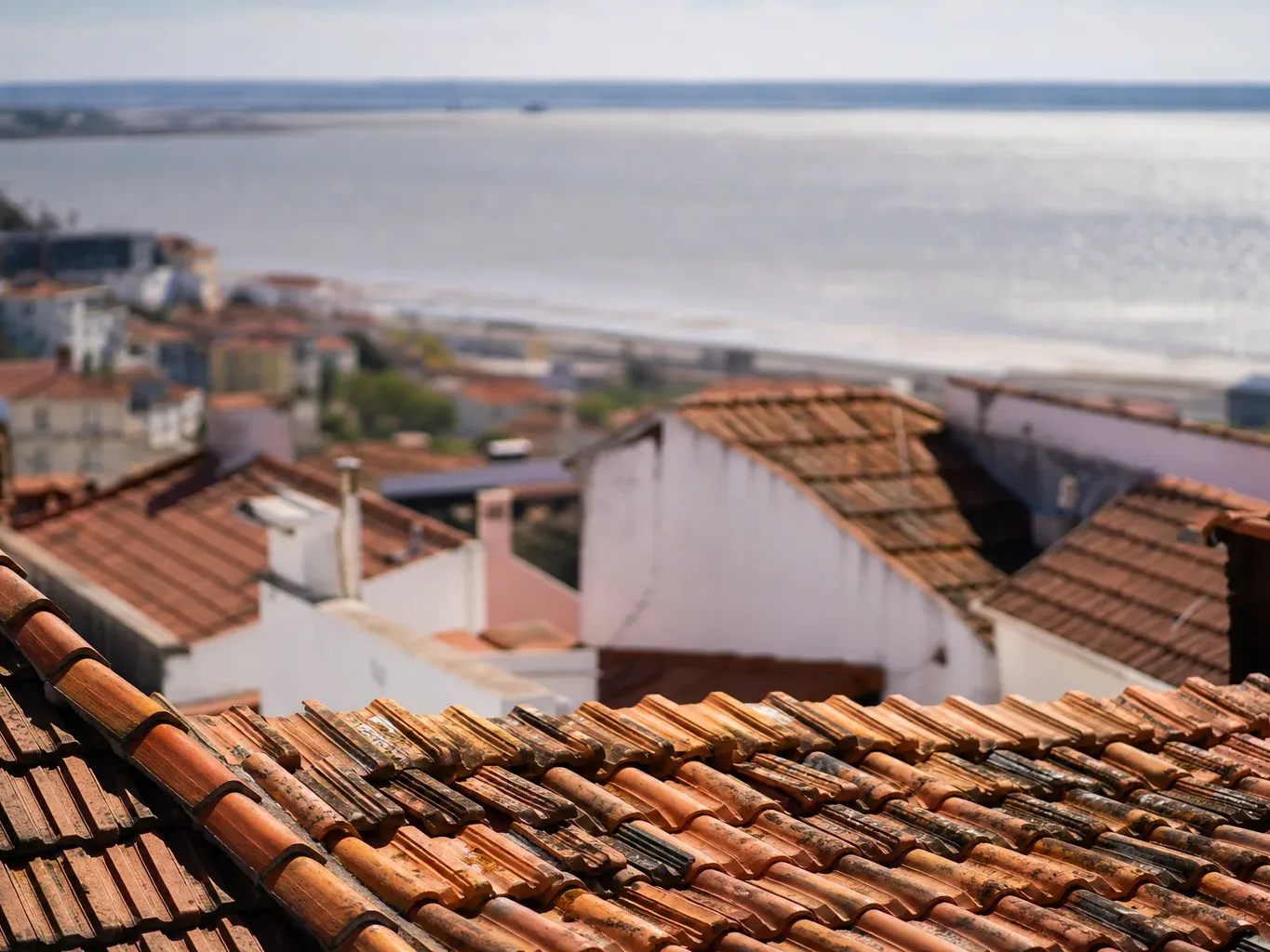 Weathered terracotta roof tiles fill the foreground in sharp focus, with white-walled buildings and a broad shimmering estuary stretching into the distance below