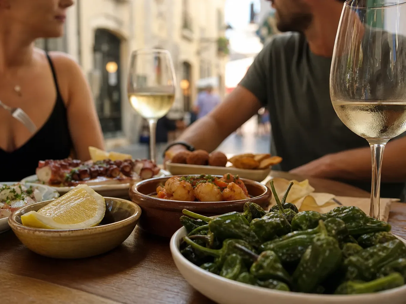 Two people sit at an outdoor table covered with small dishes of cooked peppers, prawns, cured meat and lemon wedges, alongside glasses of white wine, with a busy street visible behind