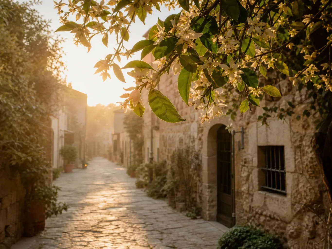 A narrow cobbled lane lined with old stone buildings stretches towards a warm golden backlit haze, with flowering branches hanging overhead