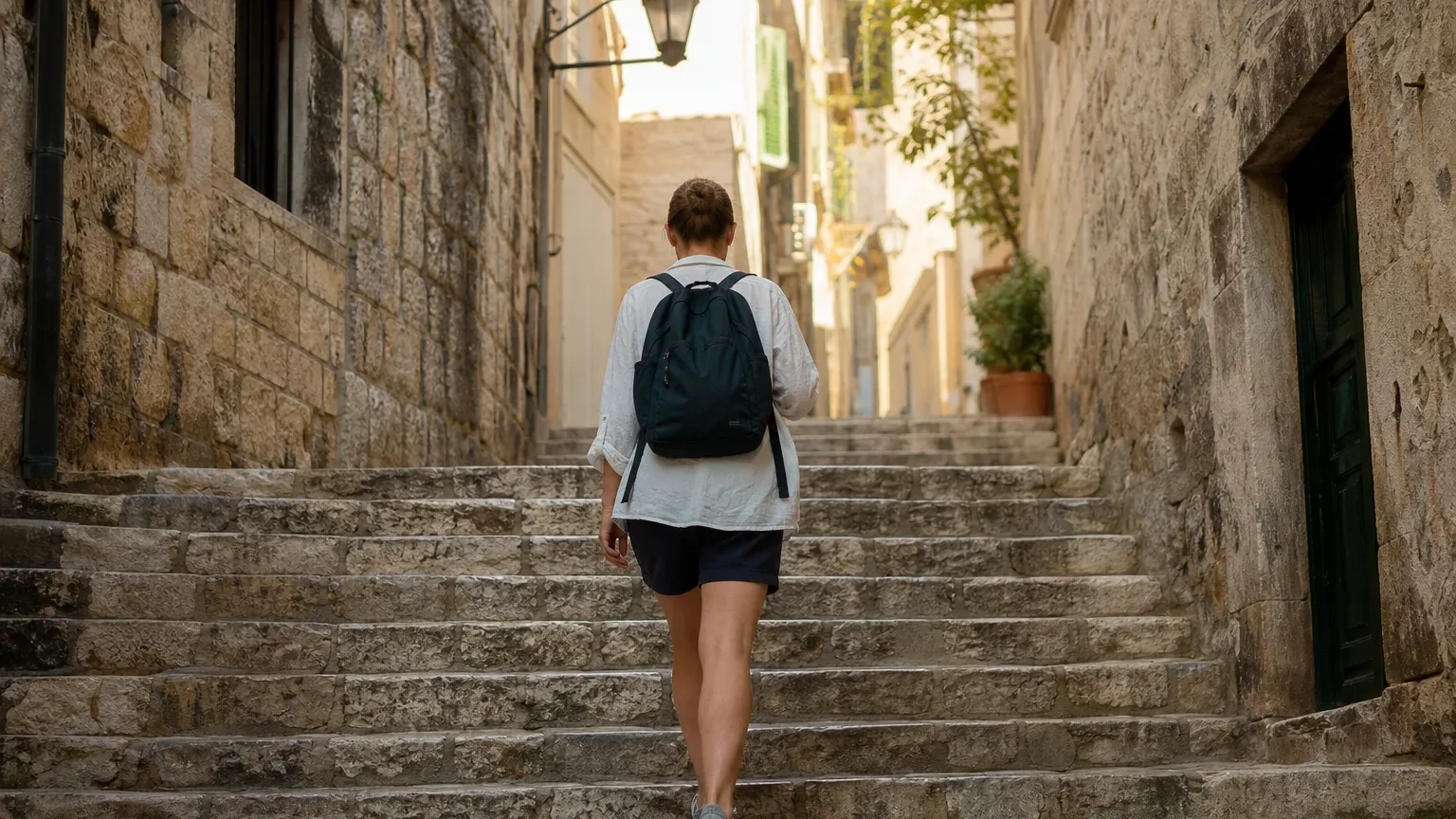 A person carrying a backpack climbs broad worn stone steps along a narrow lane flanked by old stone buildings