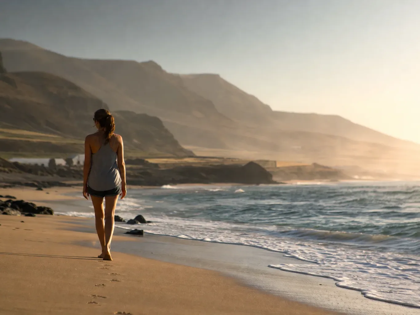 A person walks barefoot along a sandy beach at golden hour, with gentle waves lapping the shore and dramatic cliffs receding into a hazy horizon behind them