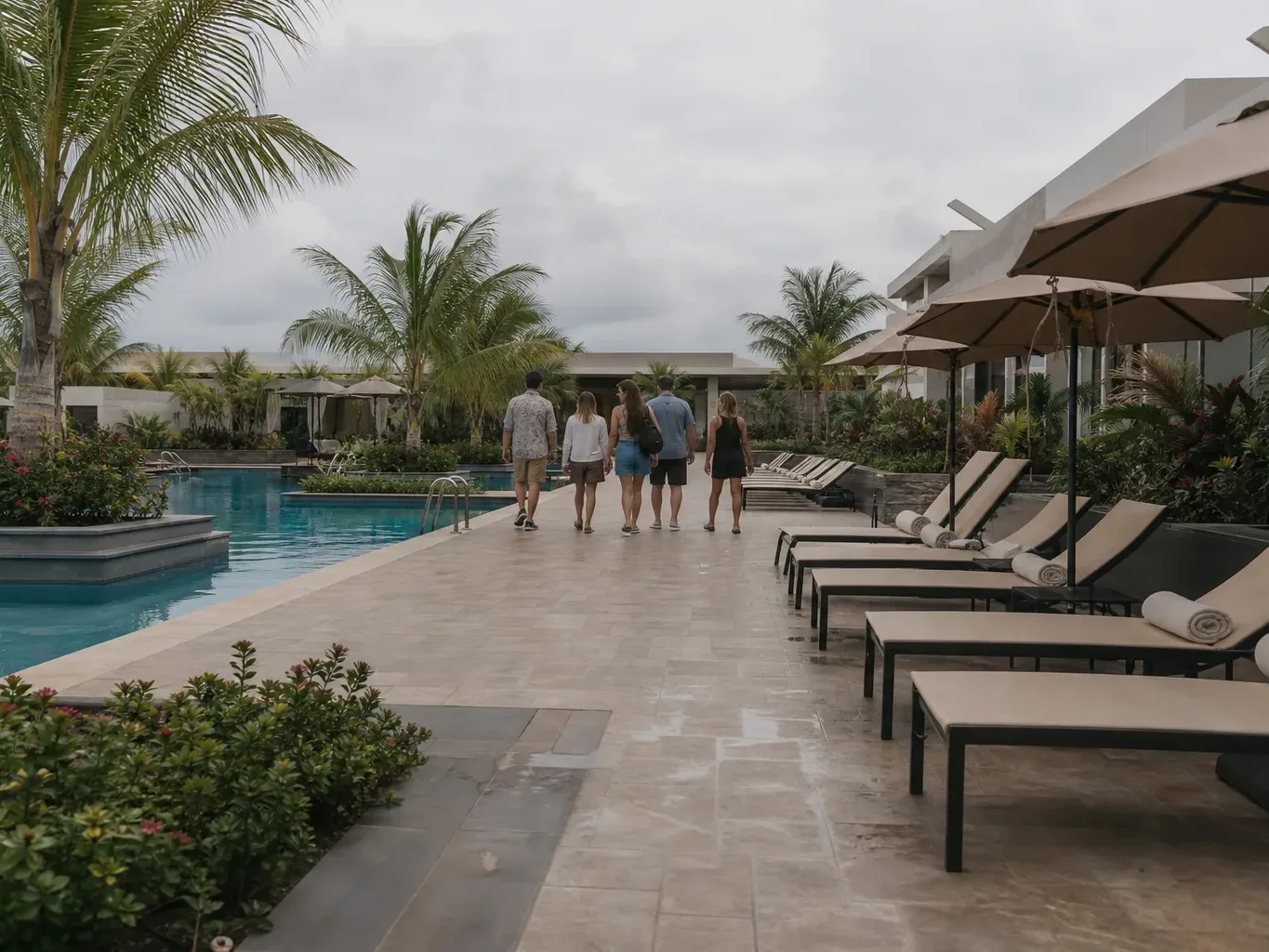 A small group of people walk along a wide pool terrace lined with sun-loungers and parasols, surrounded by tropical palms and lush greenery under flat overcast light