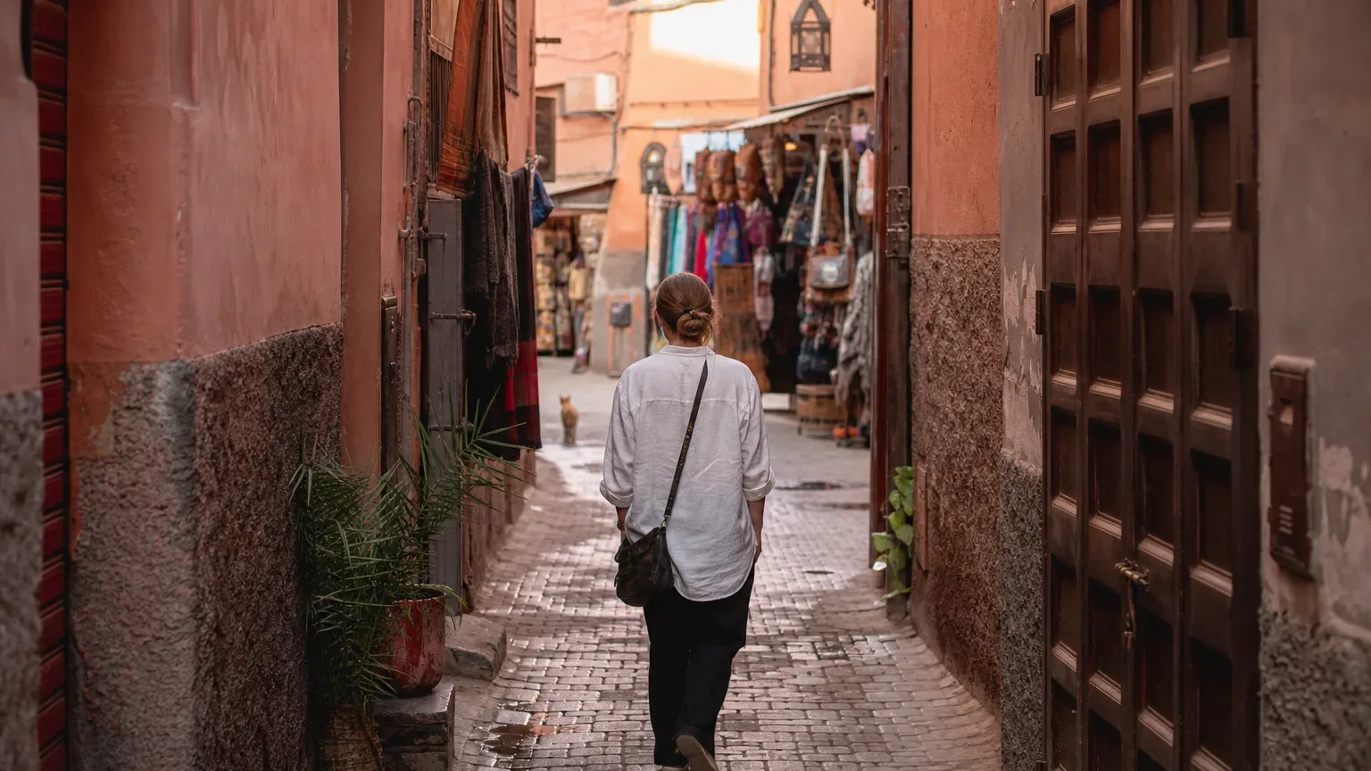 A person walks away from the camera along a narrow cobblestone alley lined with hanging textiles and market stalls, with a cat visible in the middle distance