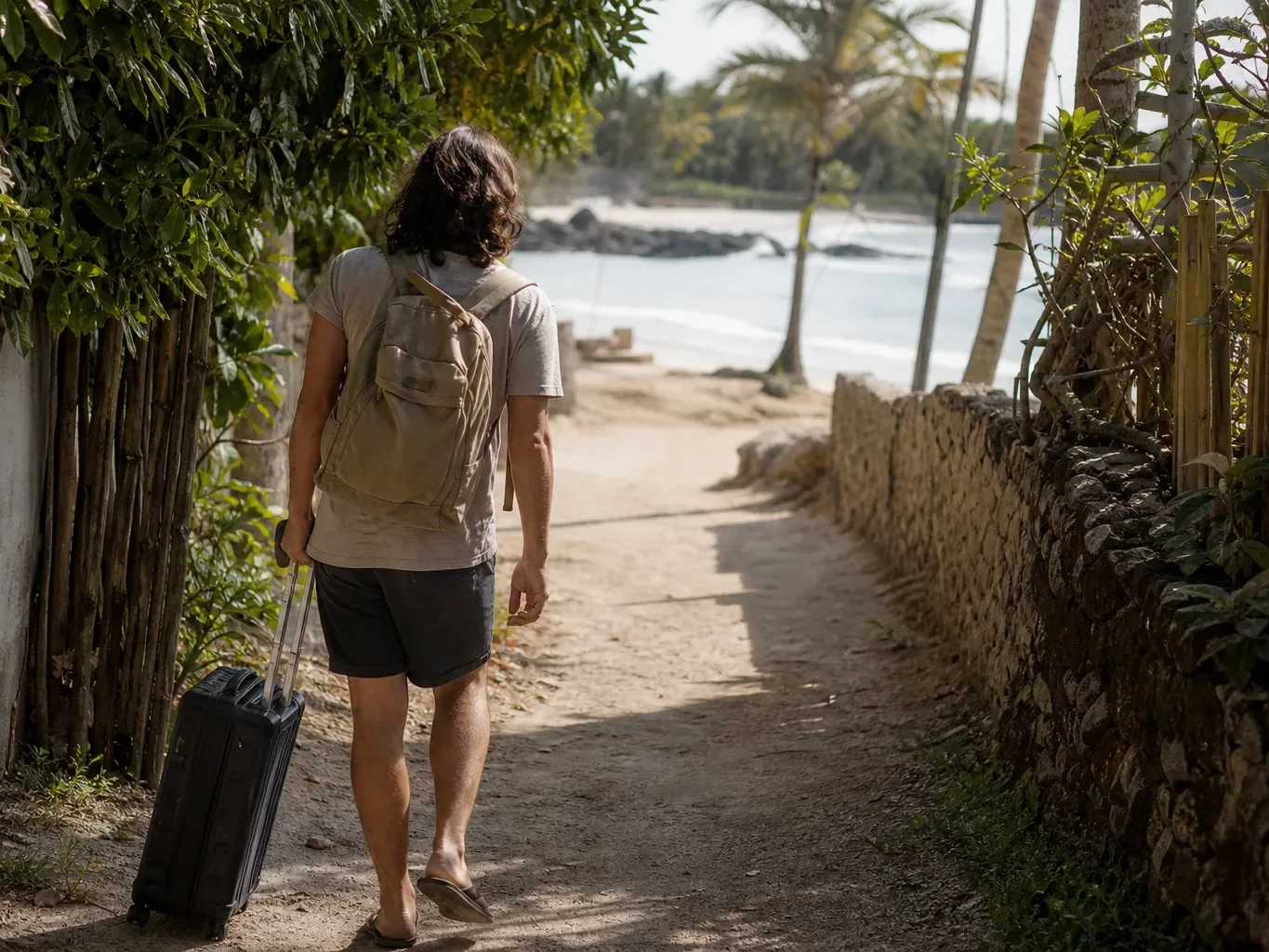 A person with a backpack and rolling suitcase walks along a narrow sandy lane flanked by lush vegetation and a stone wall, heading toward a beach lined with palm trees