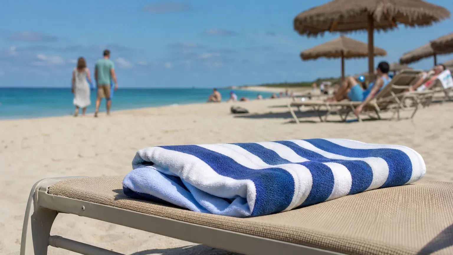 A folded blue-and-white striped beach towel rests on a sun-lounger in the foreground, with two people walking towards calm turquoise water and other beachgoers relaxing under thatched parasols behind