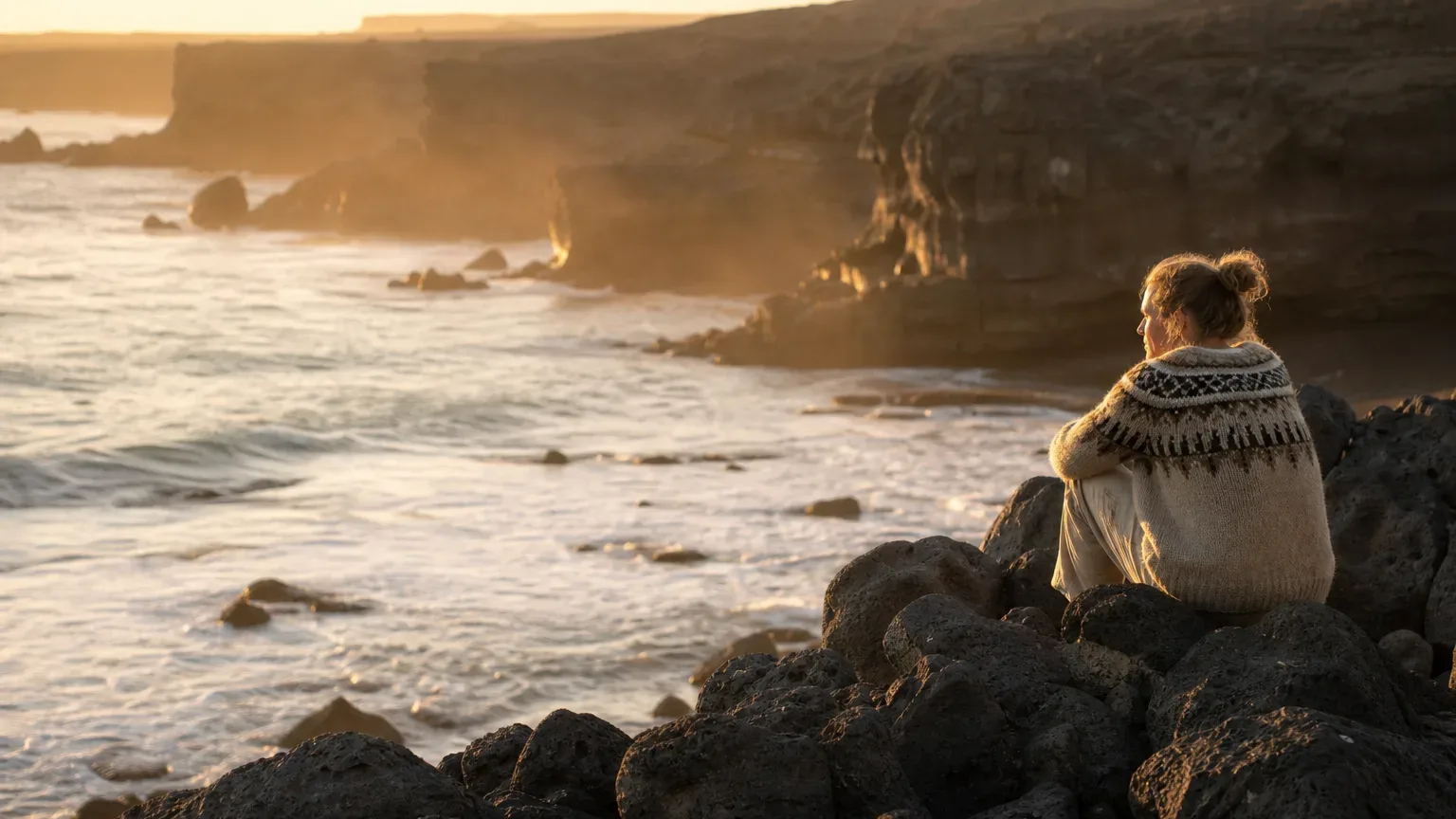 A person in a patterned woollen jumper sits on dark volcanic rocks gazing out over a wave-washed coastline bathed in warm golden light