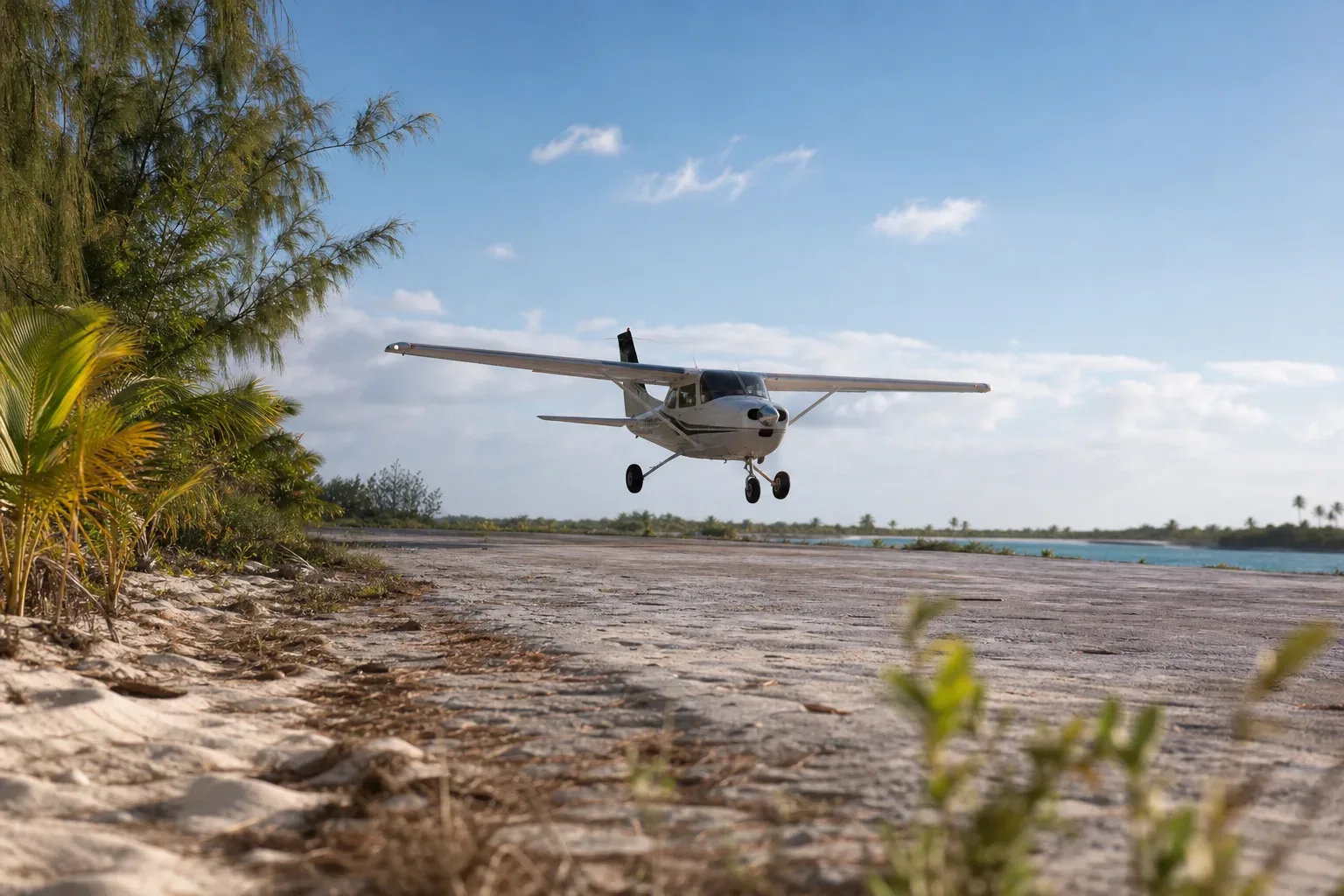 A small light aircraft comes in to land on a rough coastal airstrip edged with tropical vegetation and calm water beyond
