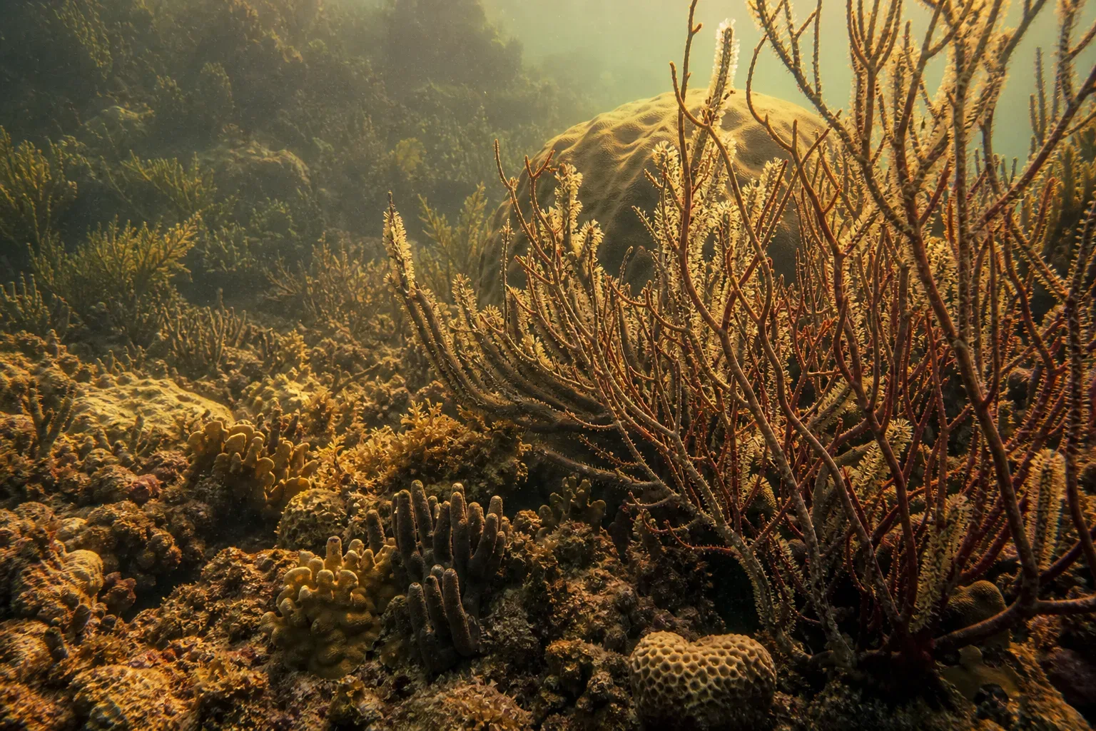 An underwater reef scene with branching soft corals, encrusting corals and a large dome-shaped coral head bathed in warm golden-toned filtered light
