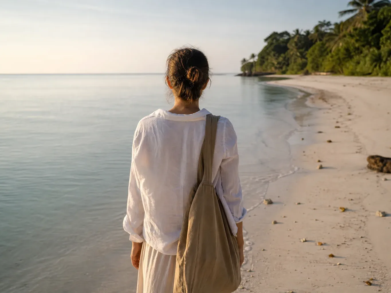 A person carrying a shoulder bag stands at the water's edge on a quiet beach backed by lush tropical foliage, seen from behind