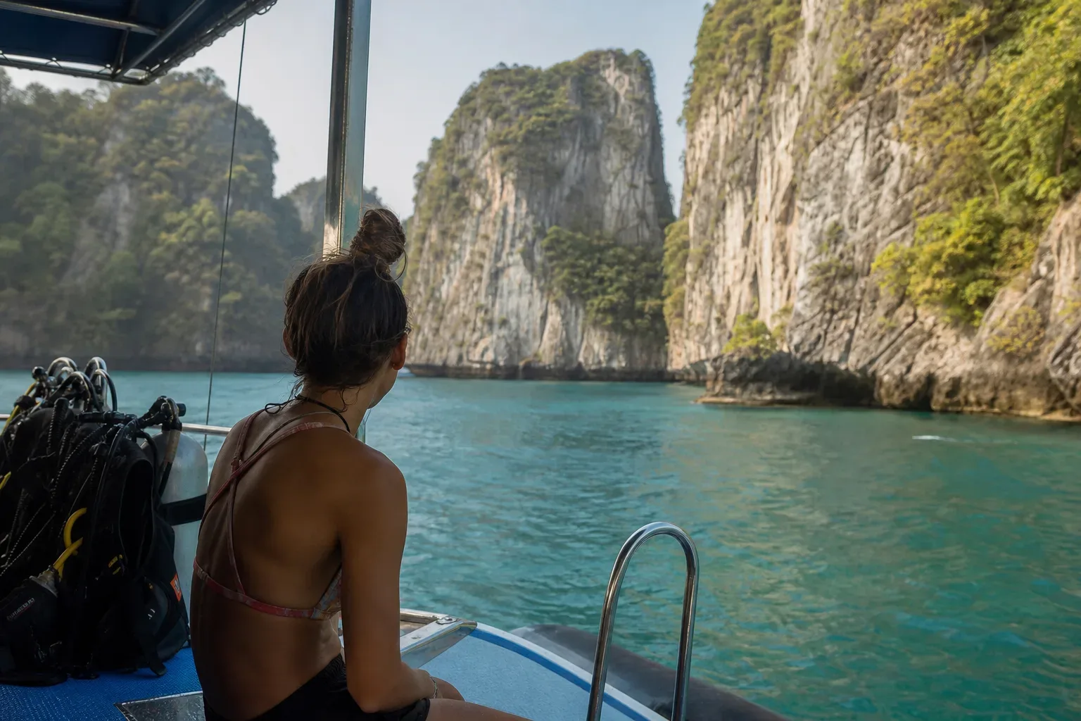 A person sits on the deck of a dive boat gazing out at towering limestone cliffs rising from turquoise water, with scuba equipment stowed nearby