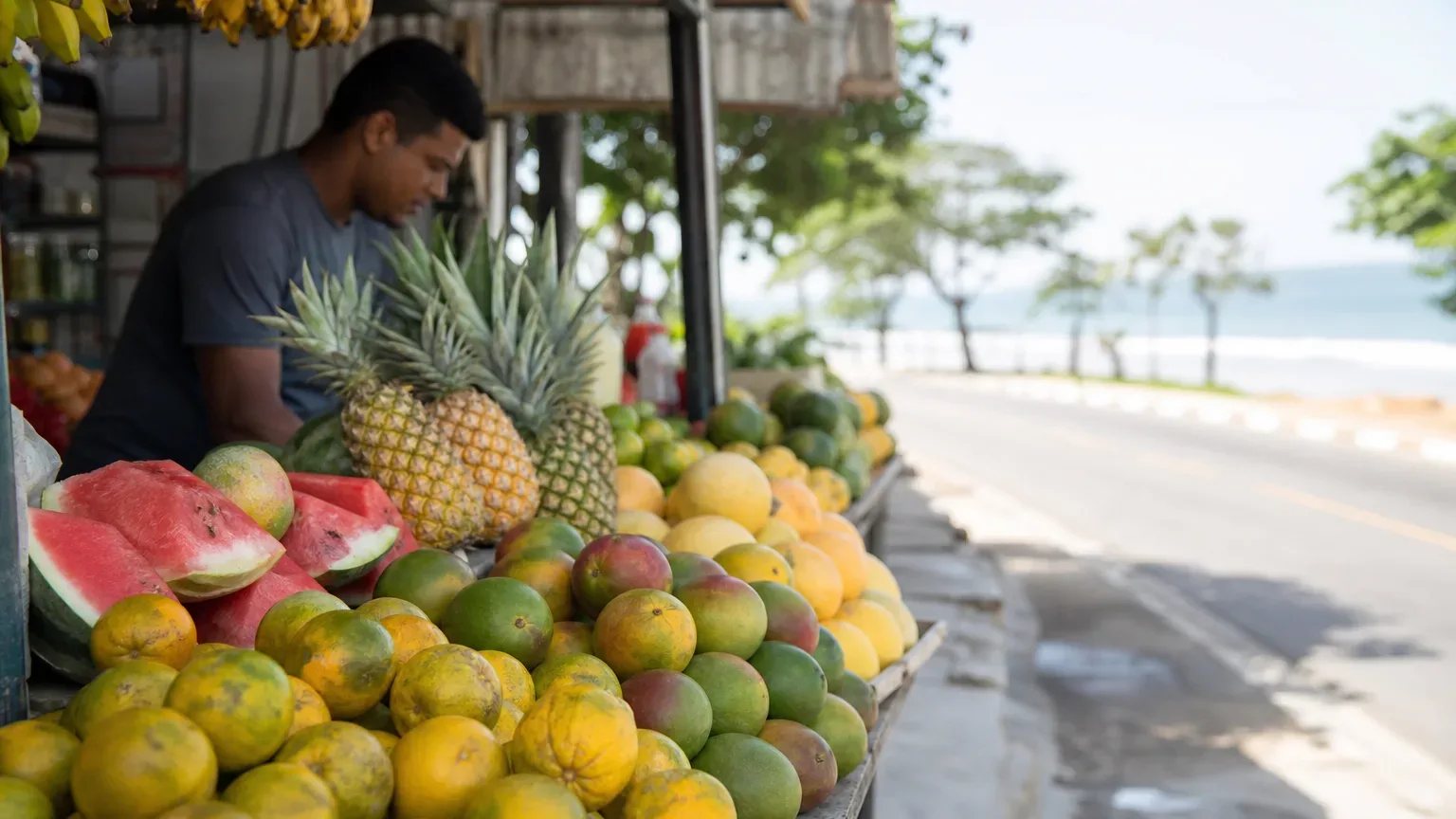A person tends a roadside fruit stall piled with mangoes, pineapples, watermelon slices and bananas, with a coastal road and sea visible in the background