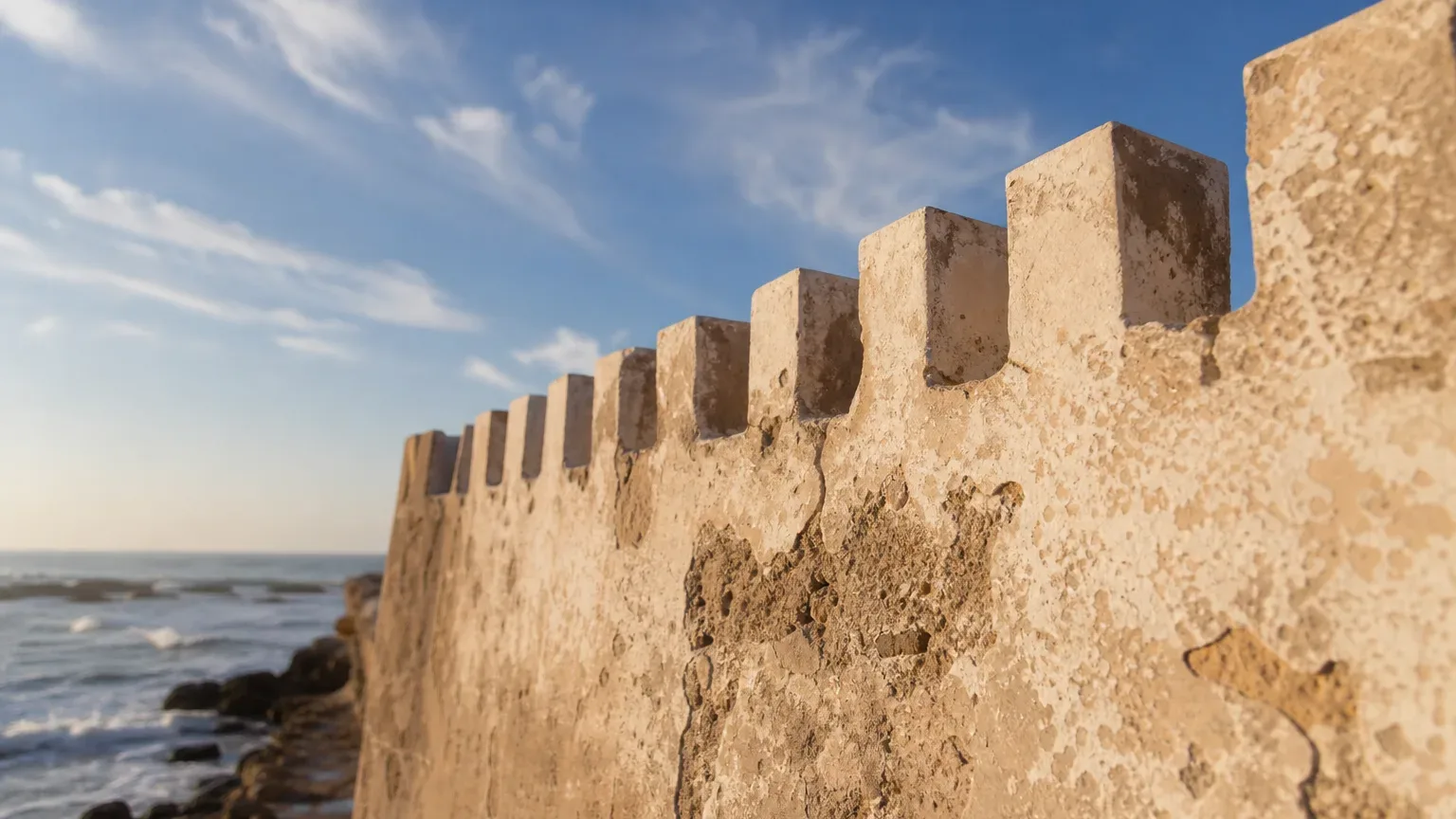 A low-angle view along the battlemented top of an ancient stone fortress wall beside a rocky coastline, under a blue sky with wispy clouds