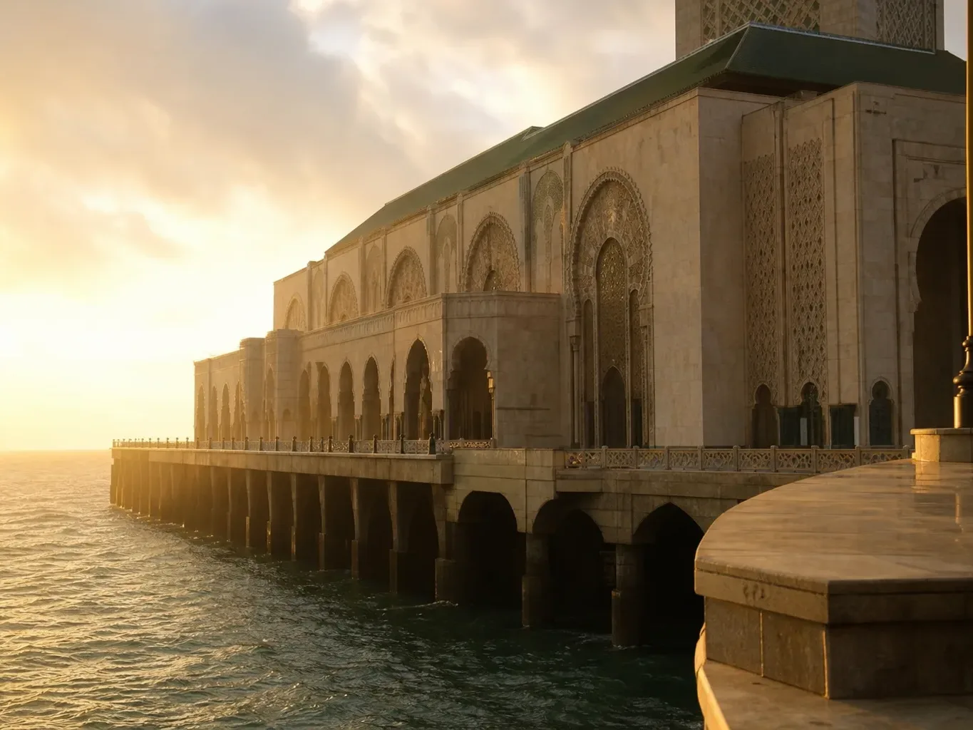 A grand ornate building with Moorish arched colonnades extends over open ocean water on pillars, bathed in warm golden sunset light